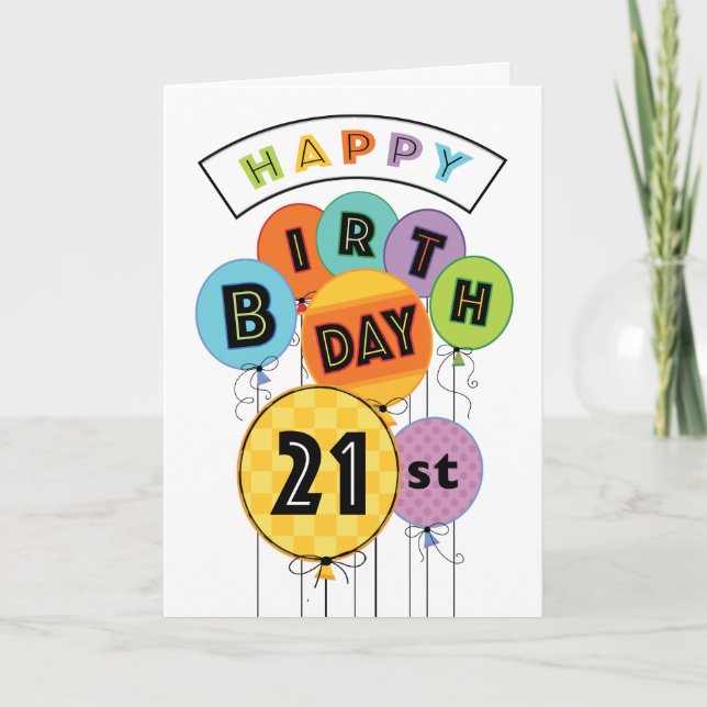 21. Happy Birthday Bright Typografy Balloons Karte (Vorderseite)