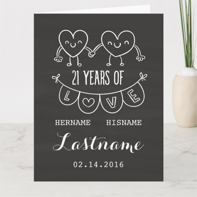21. Jubiläum Geschenk Chalk Herzen Karte (Vorderseite)