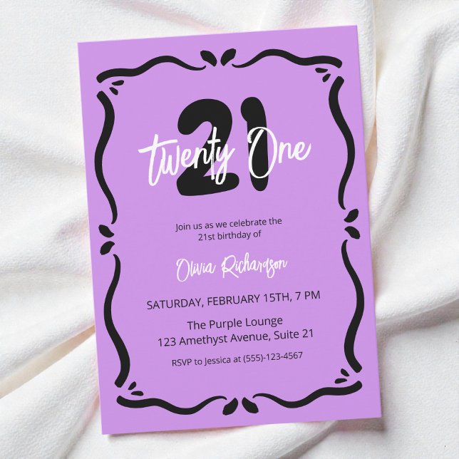 21 Lila Black Elegant Chic 21. Geburtstag Einladung (Twenty One Purple Black Elegant Chic 21st Birthday Invitation)