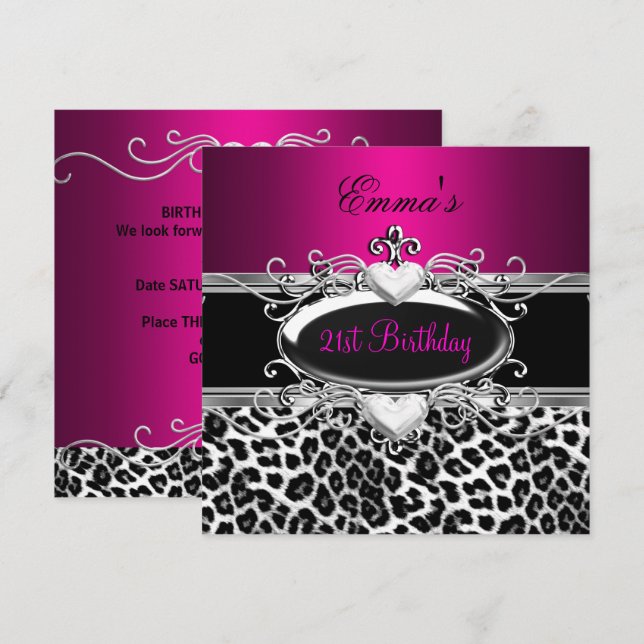 21. Party Silver Pink Schwarz-weiß Leopard Einladung (Vorne/Hinten)