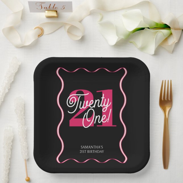 21 Retro Wavy Black Pink Geburtstag Pappteller (Hochzeit)