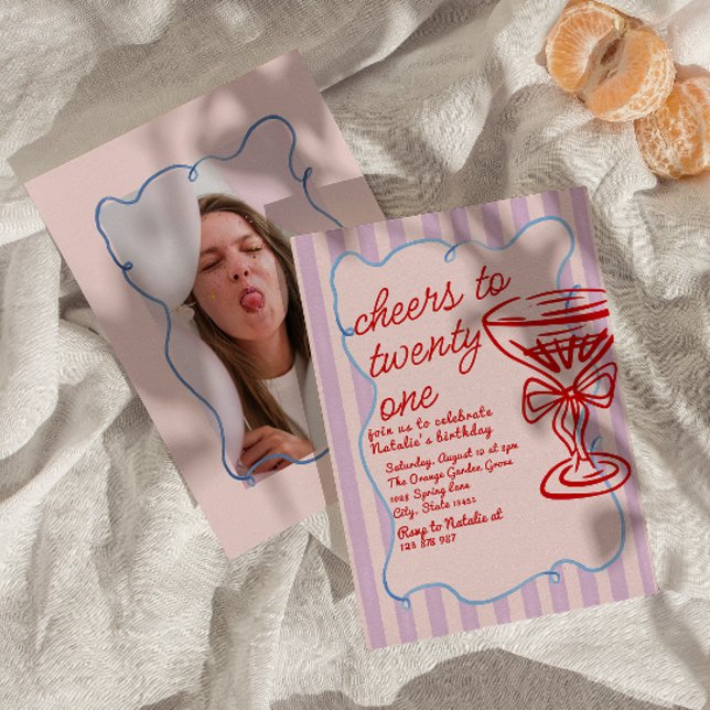 21. Rosa Handgezeichnetes Champagner Foto Geburtst Einladung (Von Creator hochgeladen)