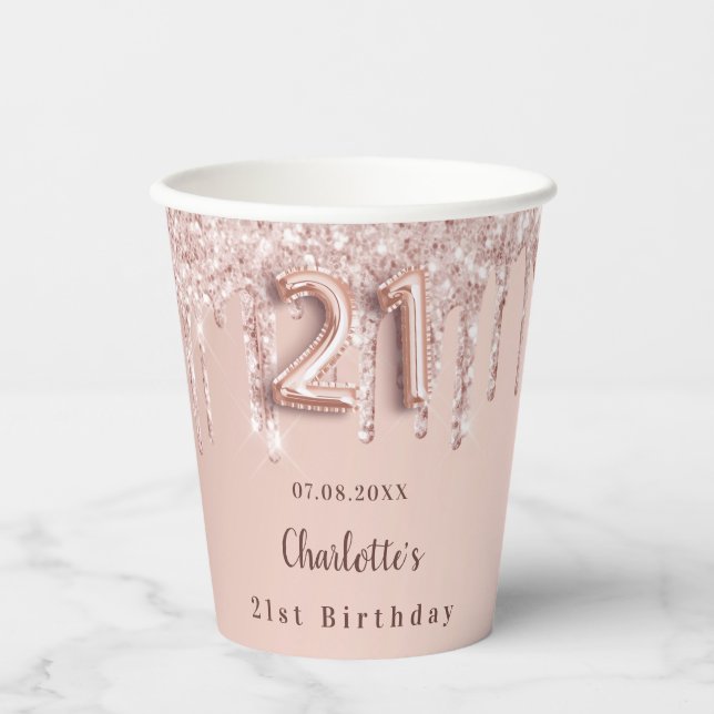 21. Rose Gold Glitzer Tropfen Monogramm Pappbecher (Vorderseite)