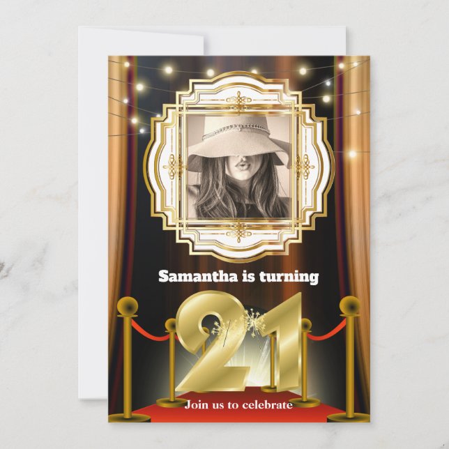 21. Roter Teppich Hollywood VIP Gold Foto Party In Einladung (Vorderseite)