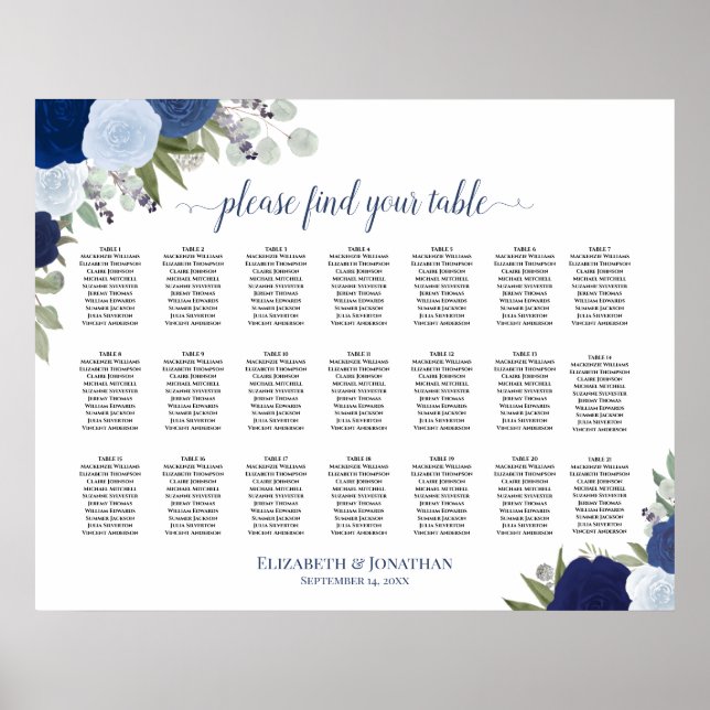 21 Tabelle Blauer Boho Blütensitzplan Poster (Vorne)