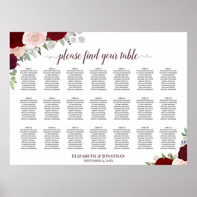 21 Tabelle Burgundy Blush Boho Bläsersitzdiagramm Poster (Vorne)