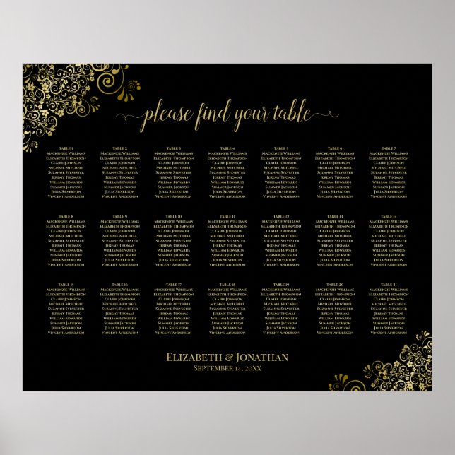 21 Tabelle Hochzeitskarte Schwarz & Gold Frills Poster (Vorne)