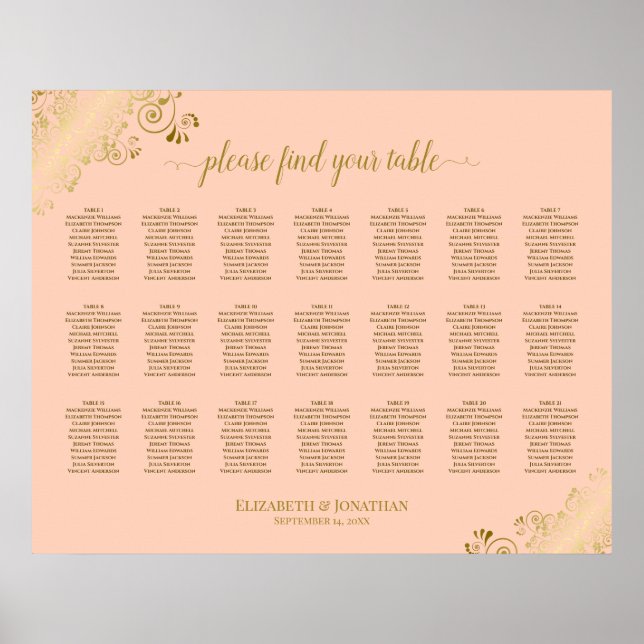 21 Tabelle Hochzeitskarten Korallenpfirsich & Gold Poster (Vorne)