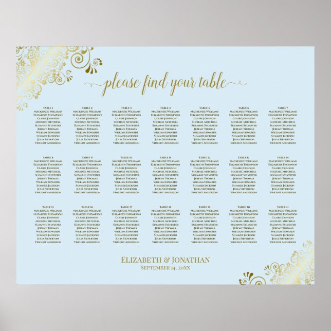 21 Tabelle Hochzeitskartentuch Blau & Gold Poster (Vorne)