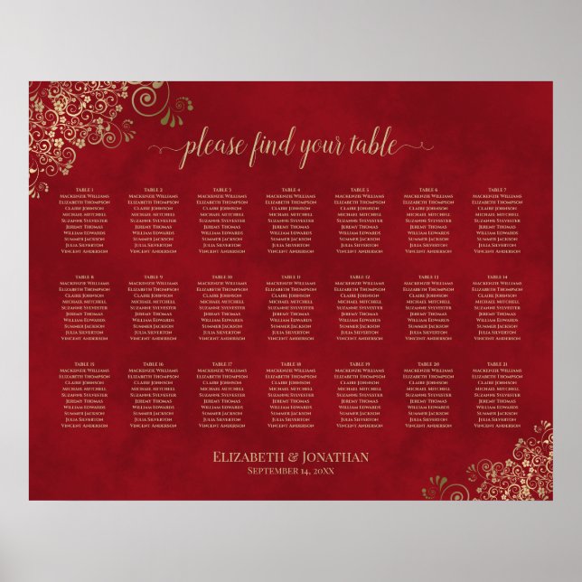 21 Table Gold Frills auf Red Wedding Seating Chart Poster (Vorne)