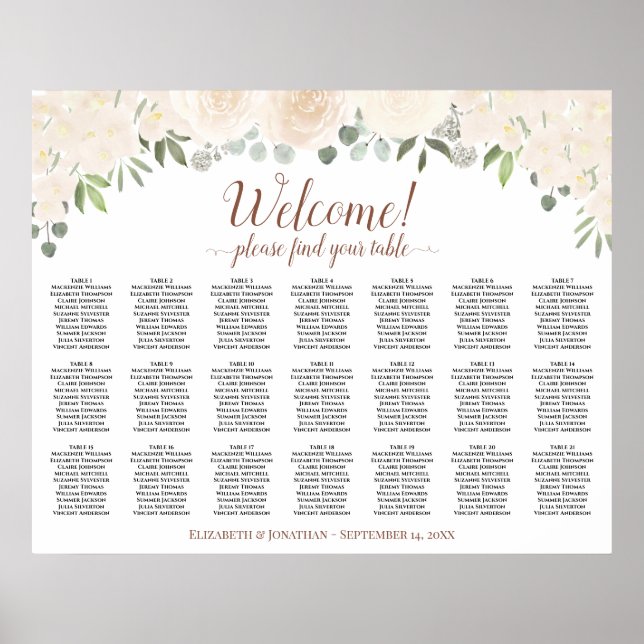 21 Tisch Blush Pfingstrosen Hochzeits-Sitzplan Poster (Vorne)