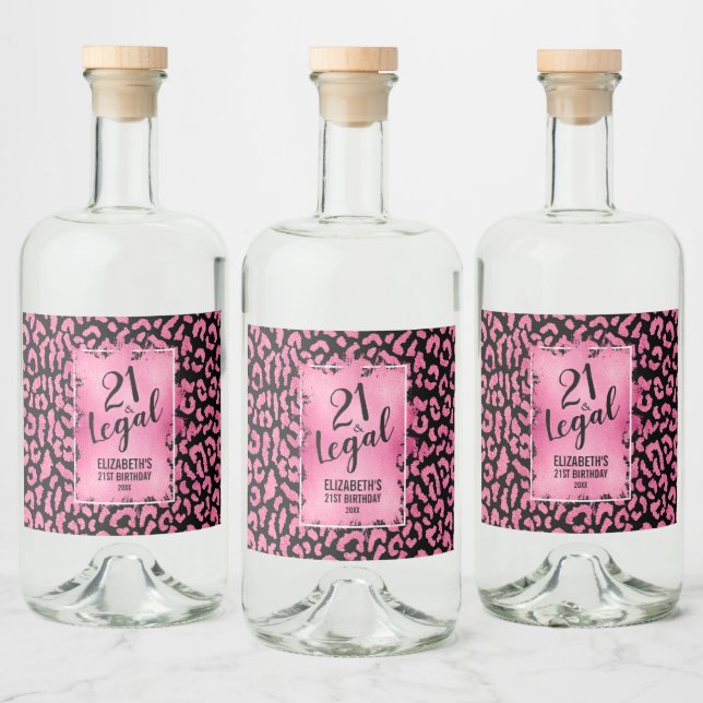 21 und Personalisierter Pink Black Leopard Alkoholflaschenetikett (Flaschen)