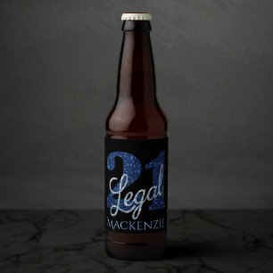 21 und Rechts Blue Imitats Glitzer 21. Geburtsta Bierflaschenetikett