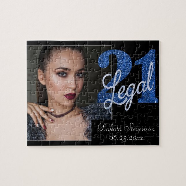 21 und Rechts | Blue Imitats Glitzer Foto Keepake Puzzle (Horizontal)