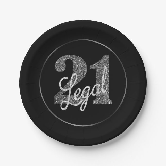 21 und Rechts | Silver Imitats Glitzer 21. Geburts Pappteller (Vorderseite)