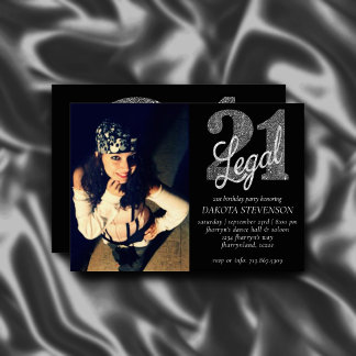 21 und Rechts | Silver Imitats Glitzer Foto Keepak Einladung