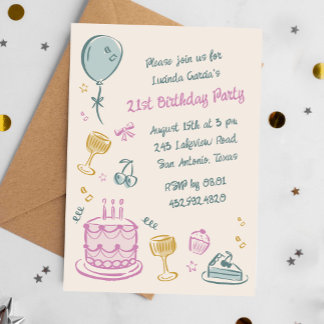 21. Whimsical Doodle Hand Drawn Geburtstagsparty Einladung