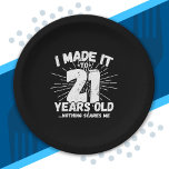 21 Year Old Birthday - Birthday Meme - Funny 21 Pappteller<br><div class="desc">This funny 21st birthday design makes a great sarcastic humor joke or novelty gag gift for a 21 year old birthday theme or überraschung 21st birthday party! Feature "I Made it to 21 Years Old... Nothing Scares Me" funny 21st birthday meme that will get ets of laughs from family, friends,...</div>