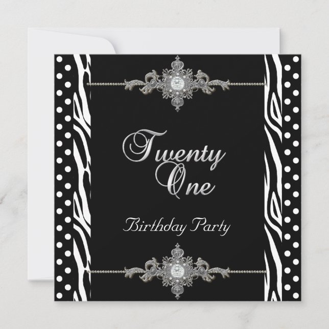 21. Zebra Silver White Black Spot Diamond Einladung (Vorderseite)