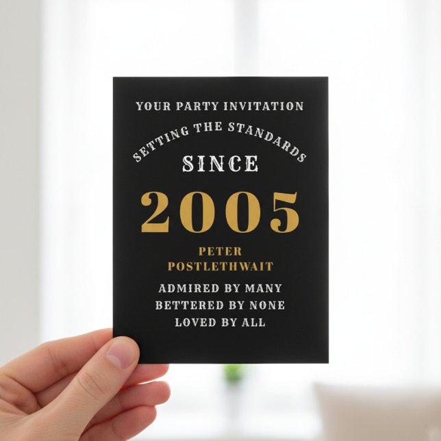 21st Birthday 2005 Black Gold Invitation Postkarte (2005 birthday party postcard invite. Blurred background.)