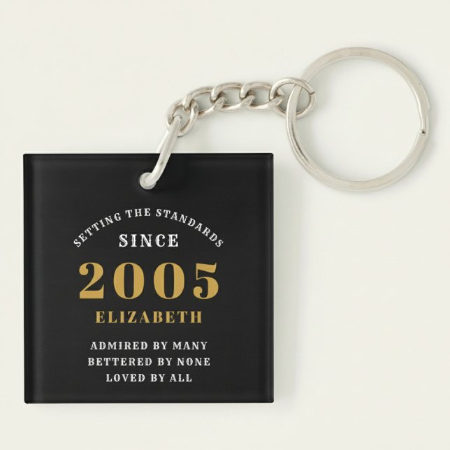 21st Birthday 2005 Black Gold Personalized Schlüsselanhänger (Born 2005 birthday keychain. Pastel background.)