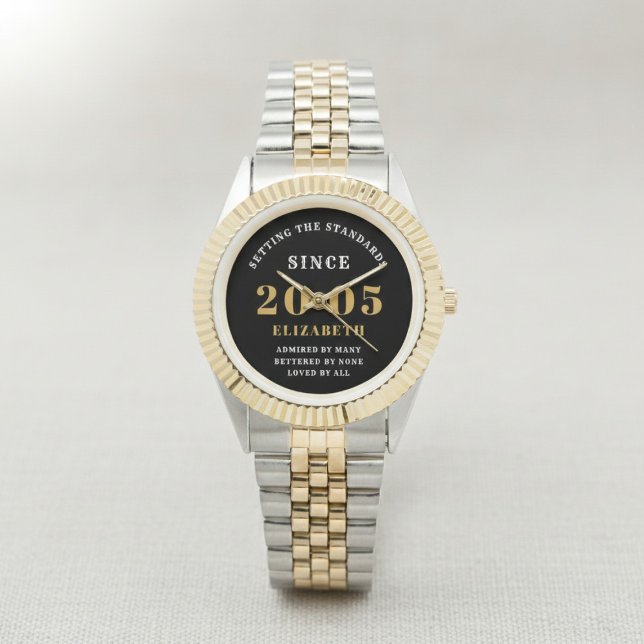 21st Birthday 2005 Elegant Black White Chic Armbanduhr (Born 2005 watch. White background.)