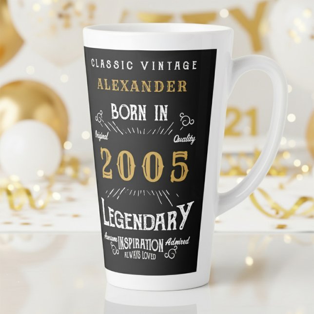 21st Birthday 2005 Legendary Retro Milchtasse (2005 birthday latter mug on a white and gold background.)