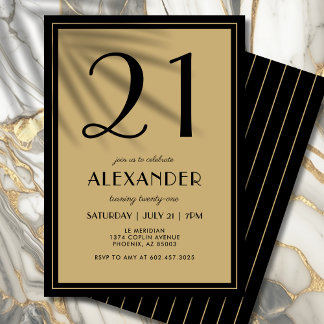 21st Birthday Adult Black and Gold Modern Minimal  Einladung