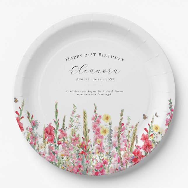 21st Birthday August Birth Flower Party Supplies Pappteller (Vorderseite)