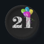 21st Birthday Balloon Pappteller<br><div class="desc">Farbenfrohe Ballonbukett mit Bändern und Nummer 21 auf schwarzem Hintergrund. Die Hintergrundfarbe kann bearbeitet werden.</div>