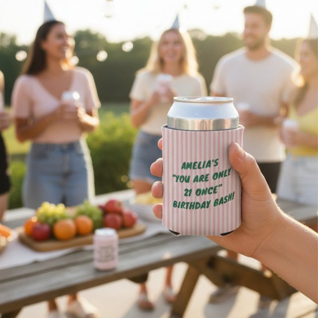 21st Birthday Bash Pink Green Retro Stripes Party Dosenkühler (Von Creator hochgeladen)