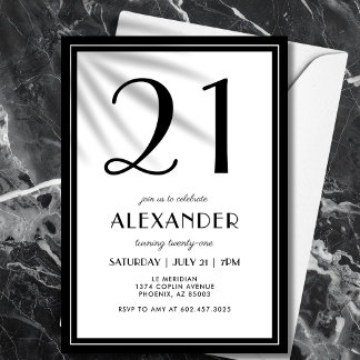 21st Birthday Black and White Modern Minimalist  Einladung