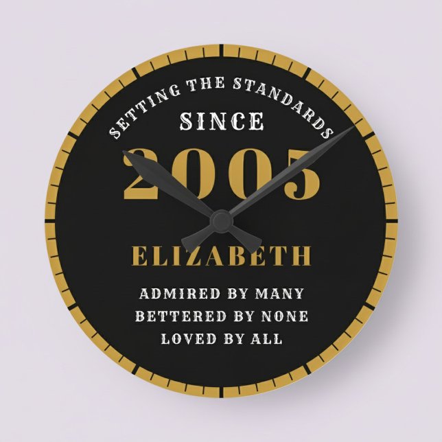 21st Birthday Born 2005 Black Gold Runde Wanduhr (Born 2005 standards birthday clock. Pastel background.)