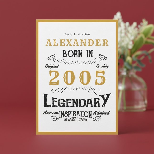 21st Birthday Born 2005 White Gold Legend Einladung (Born 2005 birthday invitation.)