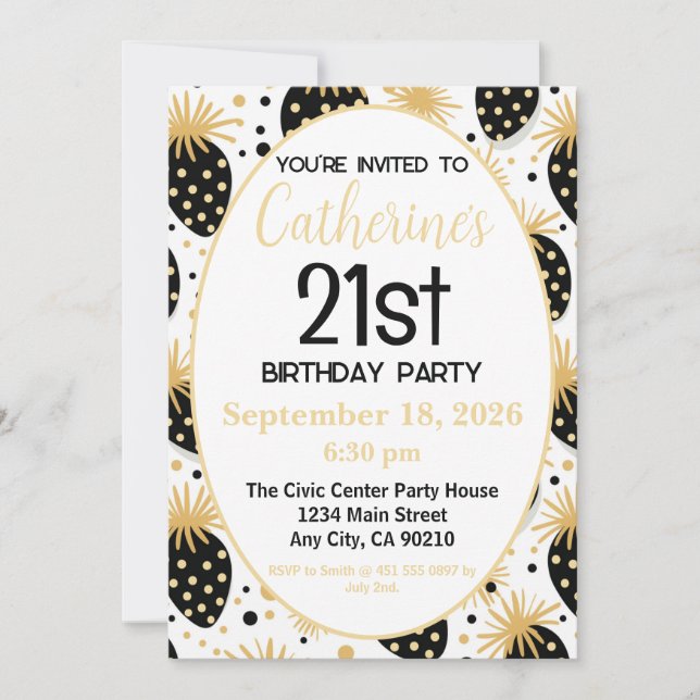 21st Birthday Invitation, Gold & Black Strawberry Einladung (Vorderseite)