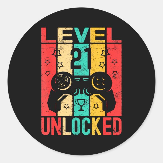 21st Birthday Level 21 Unlocked Gamer Funny Birthd Runder Aufkleber (Vorderseite)