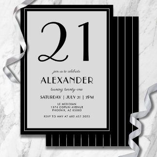 21st Birthday Modern Minimalist Mens Black Gray Einladung