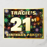 21st Birthday Party: Bold, Colorful Fireworks Look Folie Einladungspostkarte<br><div class="desc">The front of this exciting twenty-first birthday celebration/party foil invitation postcard design features a customizable name, a large number “21st”, the message “BIRTHDAY PARTY!”, and a border. The background of the front has an upbeat, multicolored pattern inspired by bursting celebratory fireworks. The back features personalized details about the event, such...</div>