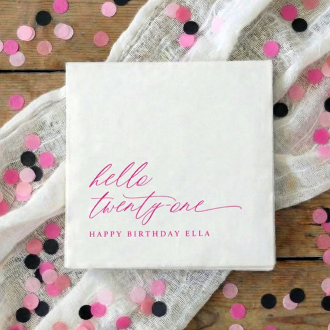21st Birthday Party Hello 21 Modern Hot Pink Serviette (Pink hello 21 minimalist script 21st birthday party napkins)