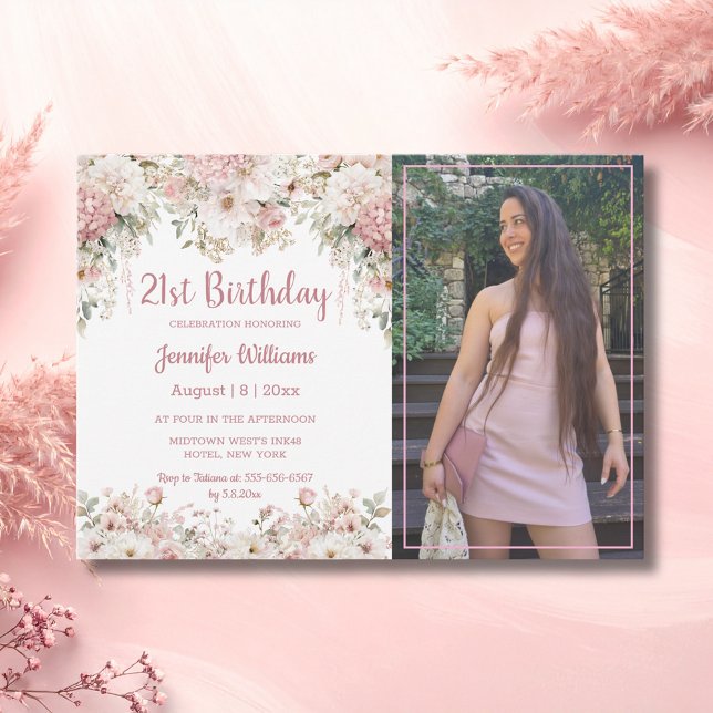  21st birthday pink floral photo budget invitation mitteilungskarte (Von Creator hochgeladen)