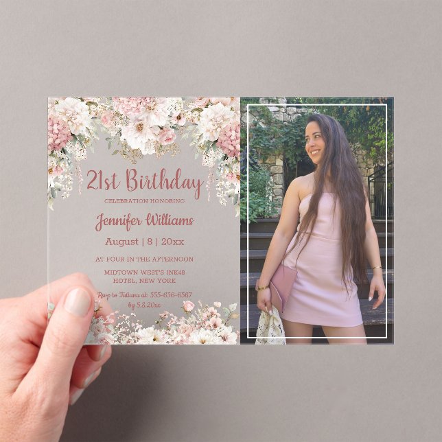  21st birthday pink floral photo party chic acryleinladungen (Insitu (Handheld))