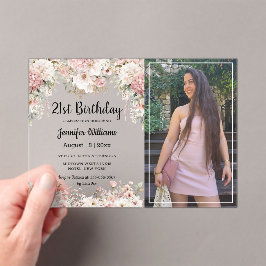 21st birthday pink floral photo party modern acryleinladungen