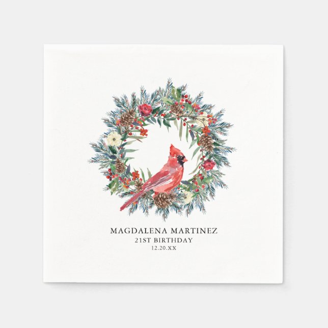 21st Birthday Red Cardinal Wreath Custom Cocktail Serviette (Vorderseite)