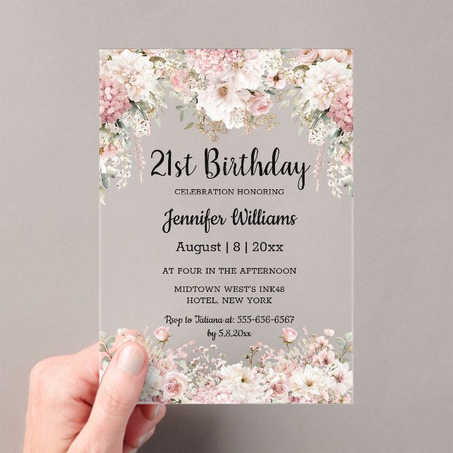  21st birthday watercolor pink floral modern acryleinladungen (Insitu (Handheld))