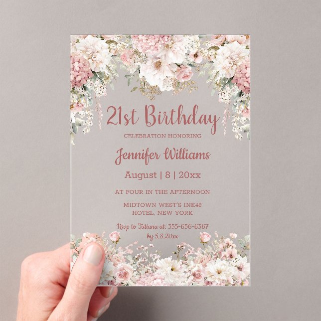  21st birthday watercolor pink floral  party chic acryleinladungen (Insitu (Handheld))