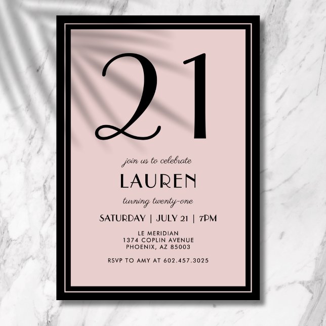 21st Birthday Women's Modern Minimal Black Pink Einladung (Clean lines, elegant layout, and a bold type design for your 21st birthday milestone celebration.)