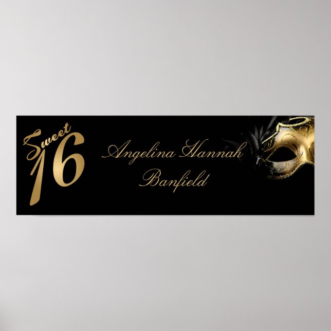 22,5"x7,5" Personalisiertes Banner Sweet 16 Gold Poster (Vorne)