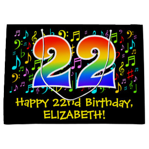 22. Geburtstag - Farbige Musiksymbole, Regenbogen  Große Geschenktüte