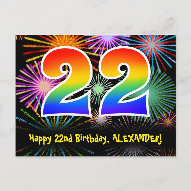 22. Geburtstag - Fun Fireworks Pattern + Regenboge Postkarte (Vorderseite)
