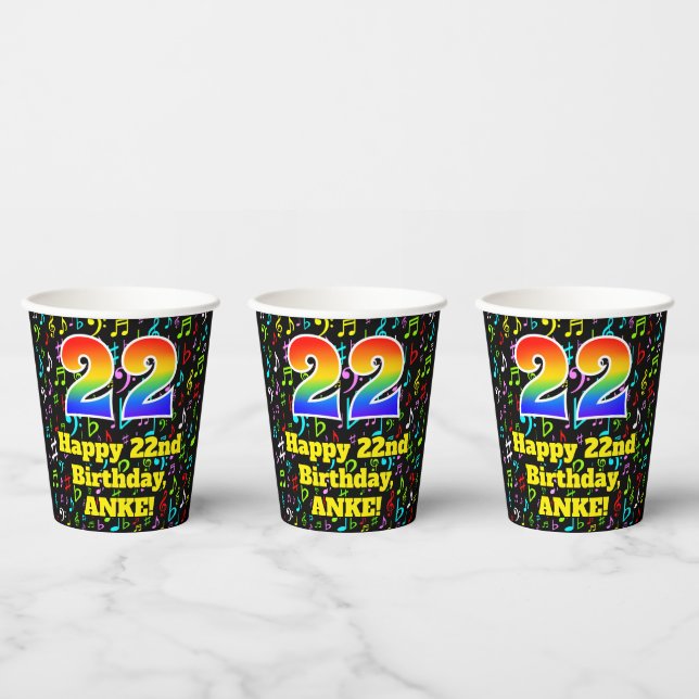 22. Geburtstag: Fun Musiknotens Pattern, Regenboge Pappbecher (Multi)